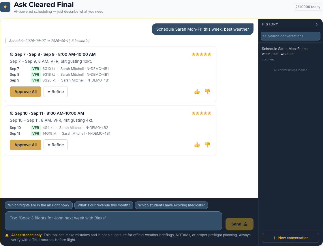 Ask Cleared Final AI assistant answering a natural-language scheduling question with weather-rated flight options ready to approve