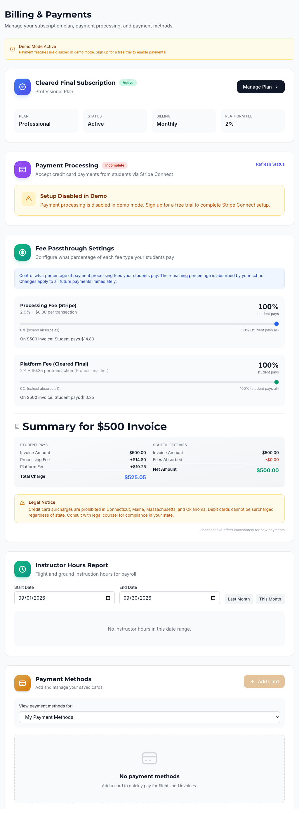 Billing and payments page showing subscription plan, Stripe Connect payment processing setup, and fee passthrough settings