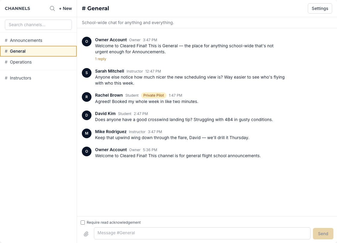 Messages workspace showing the channel list and an active conversation
