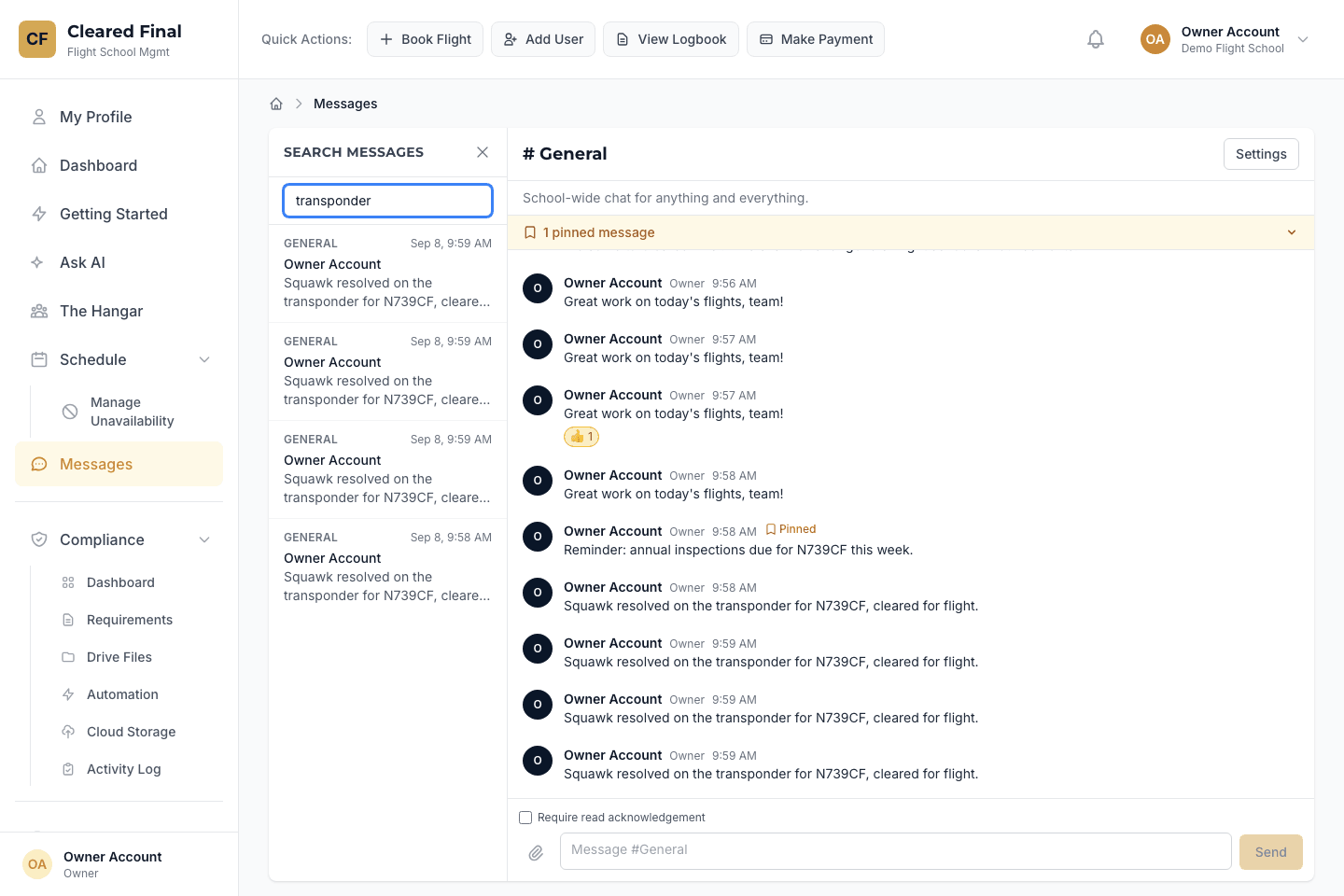 Message search results with a matching message shown in its channel context