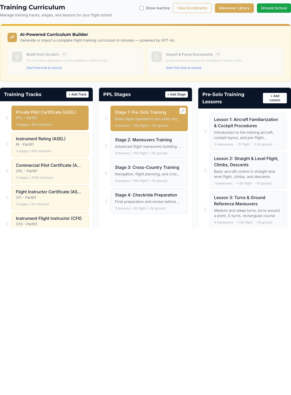 Training curriculum builder showing tracks, stages, and detailed lesson plans with maneuvers and hour estimates
